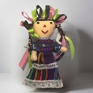 Authentic Mexican Lele Doll Handmade Otomi Amealco Ribbon Braids Colorful Dress